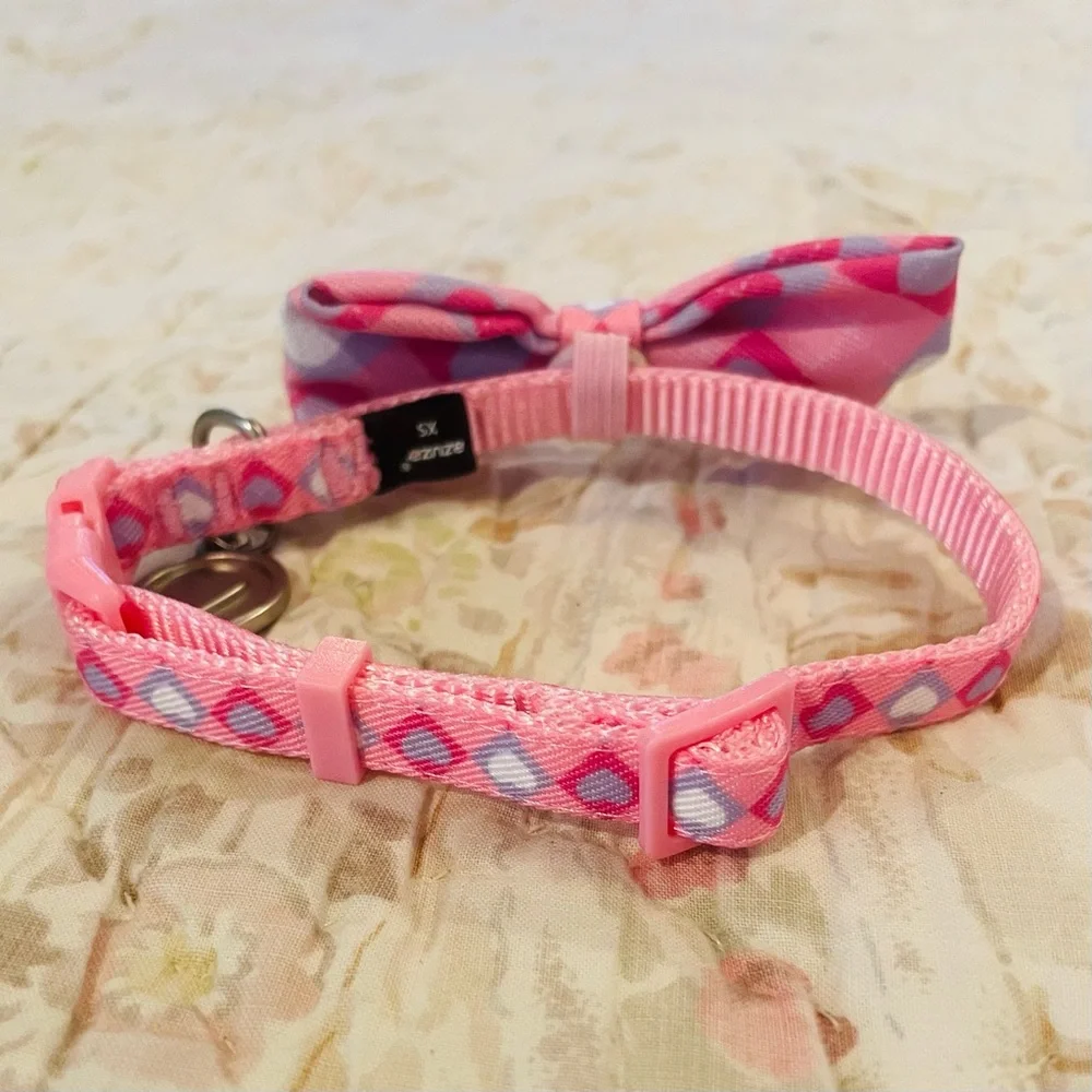 Azuza XS Extra Small Dog Collar With Bow Tie, Lovely Pink & Purple Heart Pattern